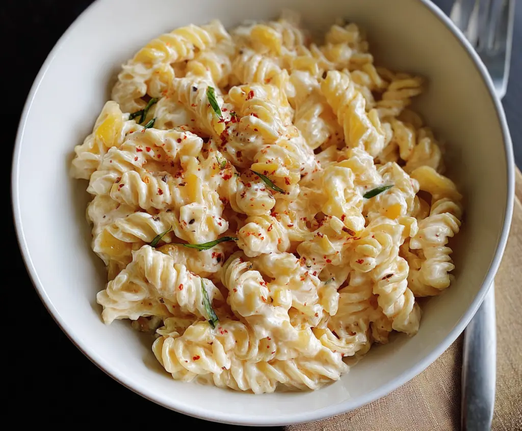 Delicious creamy cottage cheese pasta served on a plate, garnished with herbs for a flavorful meal.