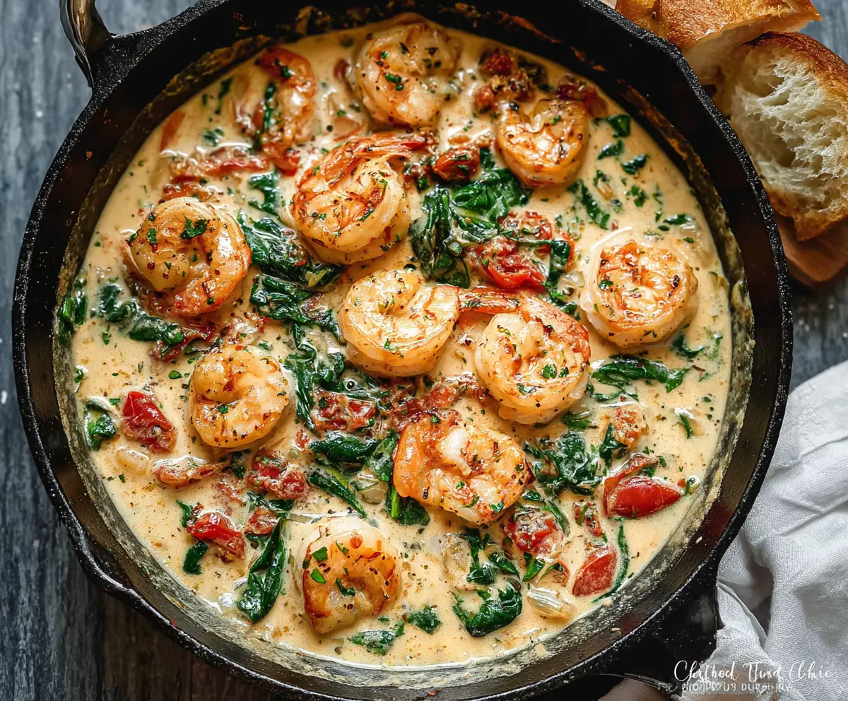 Delicious creamy garlic butter Tuscan shrimp served on a white plate with fresh herbs.