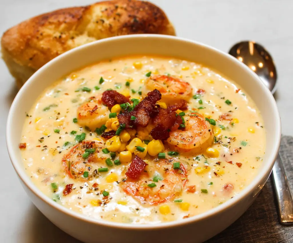 Creamy shrimp and corn chowder served in a bowl with fresh herbs, showcasing a delicious seafood and corn soup.