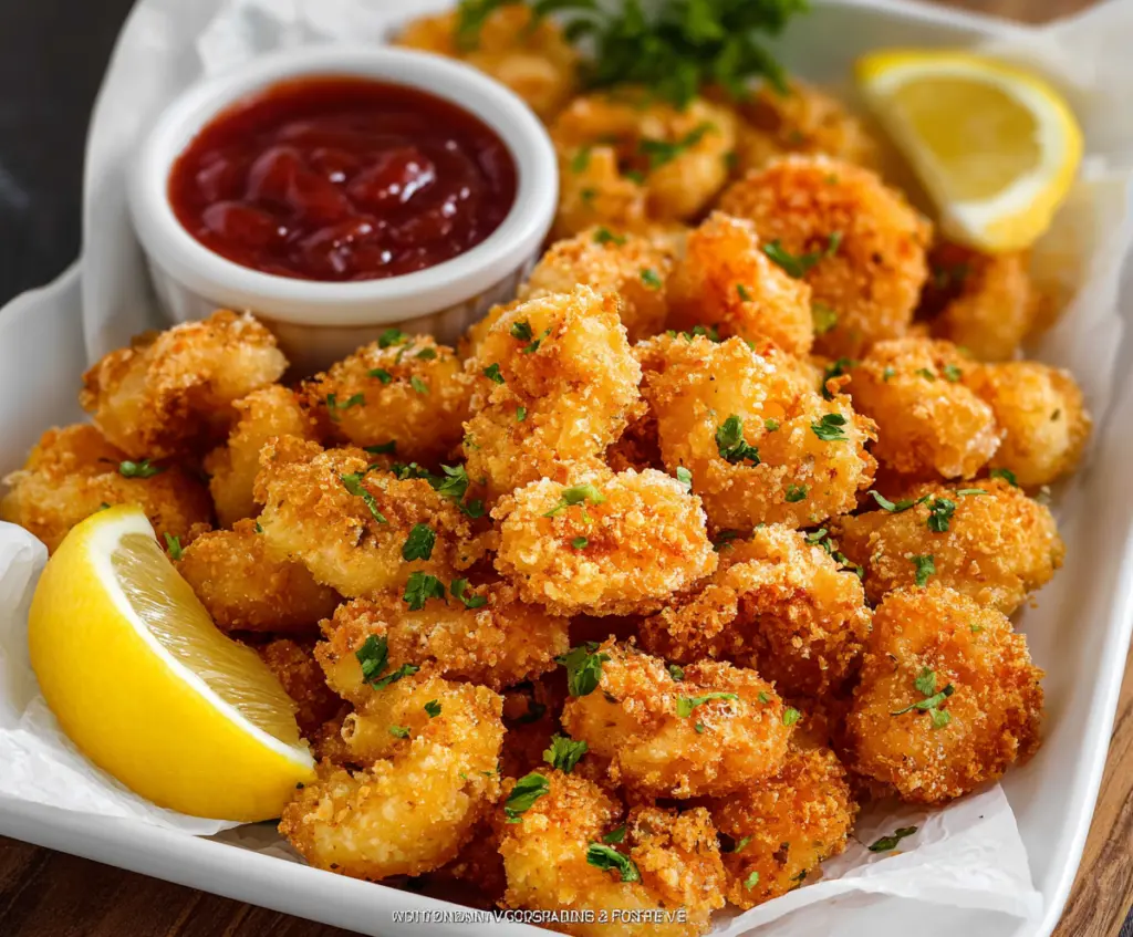 Golden and crispy popcorn shrimp served with dipping sauce on a plate.