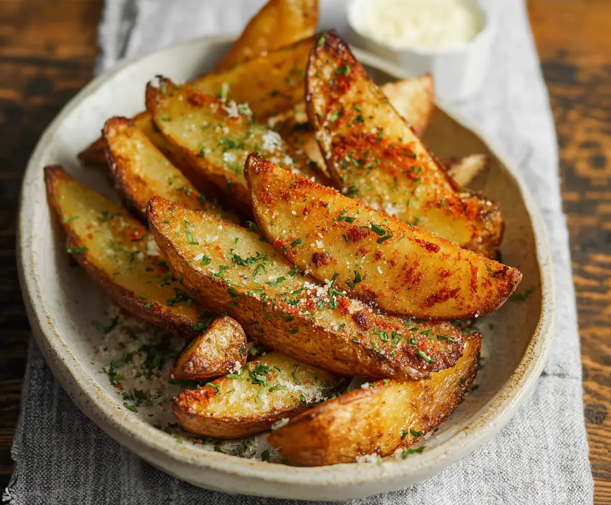 Golden crispy seasoned potato wedges served with fresh herbs for a delicious appetizer or side dish.