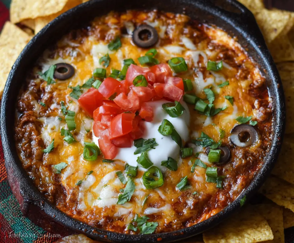 Creamy Crock Pot Beef Nacho Dip topped with melted cheese, jalapenos, and fresh herbs, served in a skillet.