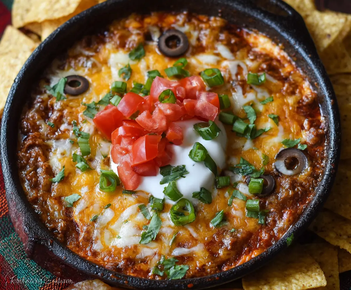 Creamy Crock Pot Beef Nacho Dip topped with melted cheese, jalapenos, and fresh herbs, served in a skillet.