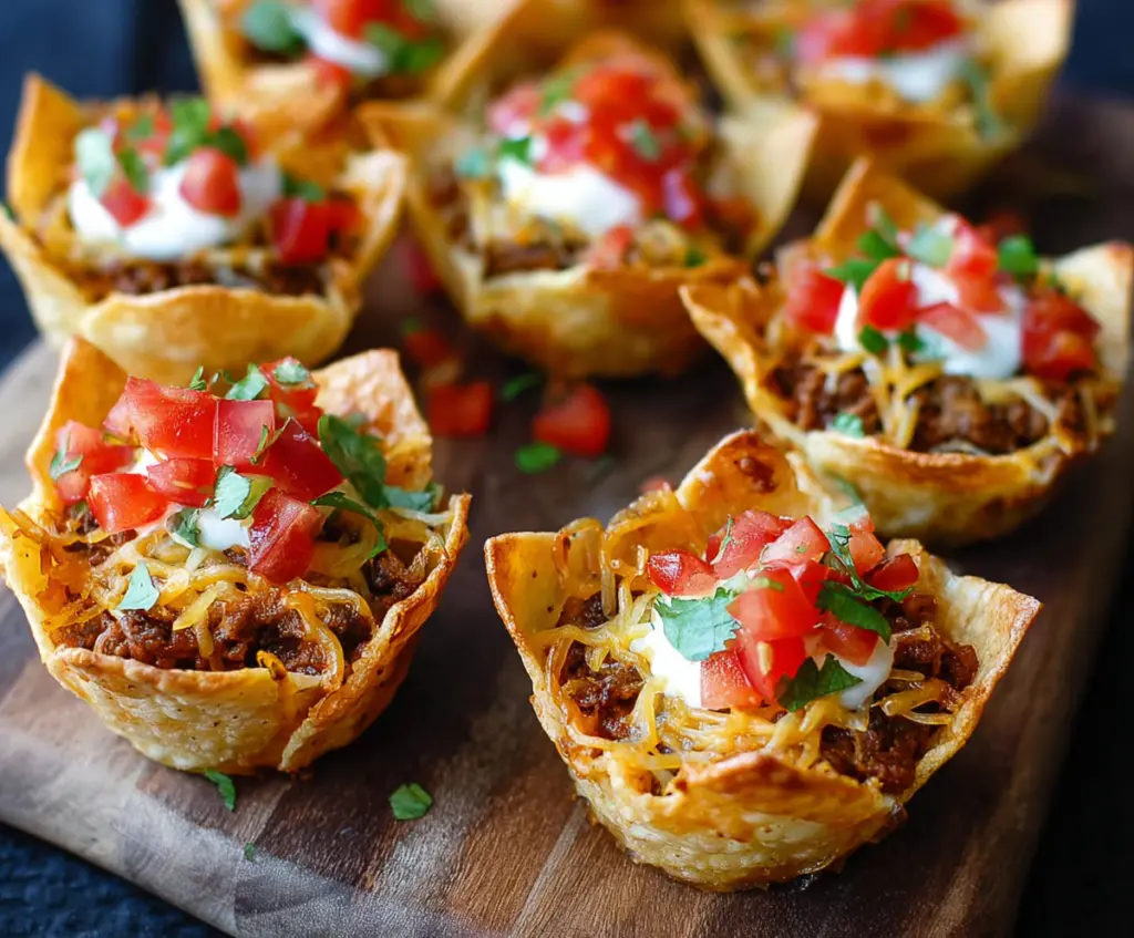 Close-up of crispy Nacho Cups filled with cheesy toppings and jalapenos, perfect for snacking or parties.