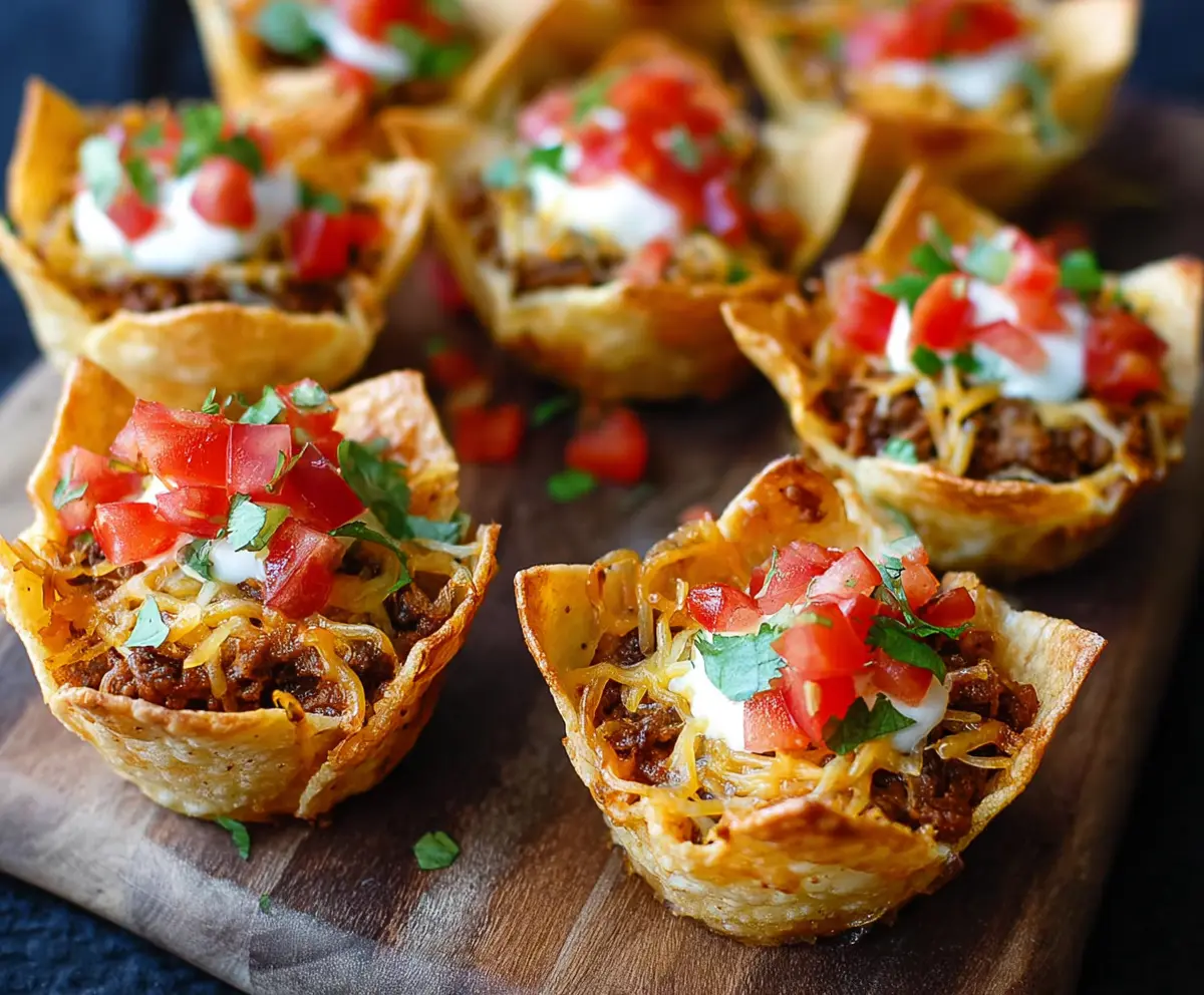 Close-up of crispy Nacho Cups filled with cheesy toppings and jalapenos, perfect for snacking or parties.