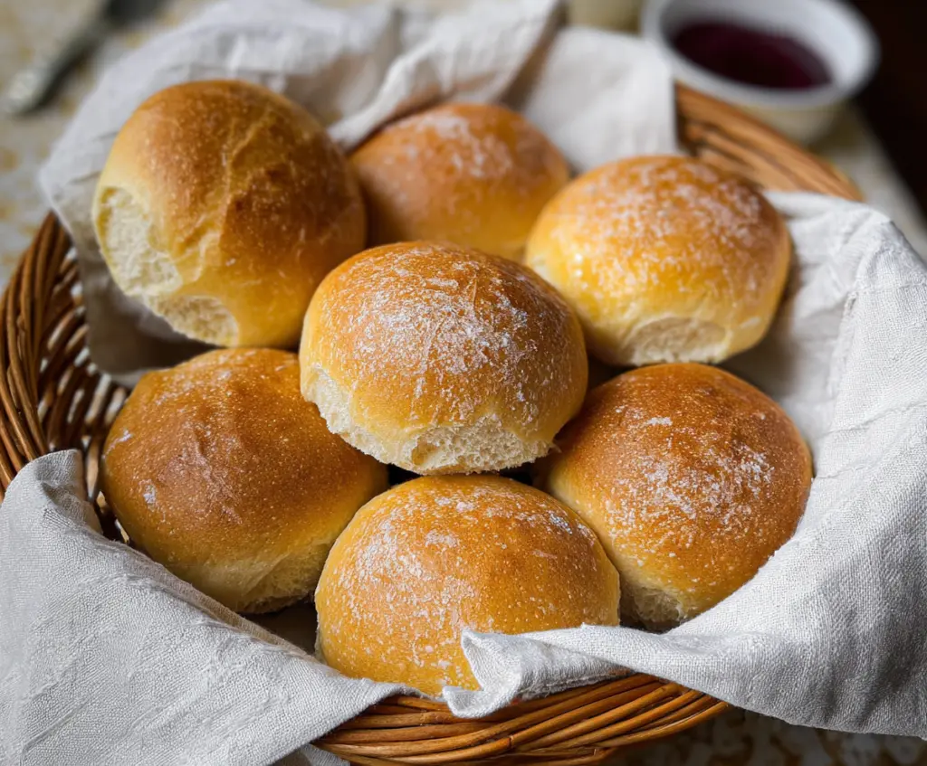 Fresh crusty sourdough dinner rolls on a rustic wooden table, perfect for a hearty meal.