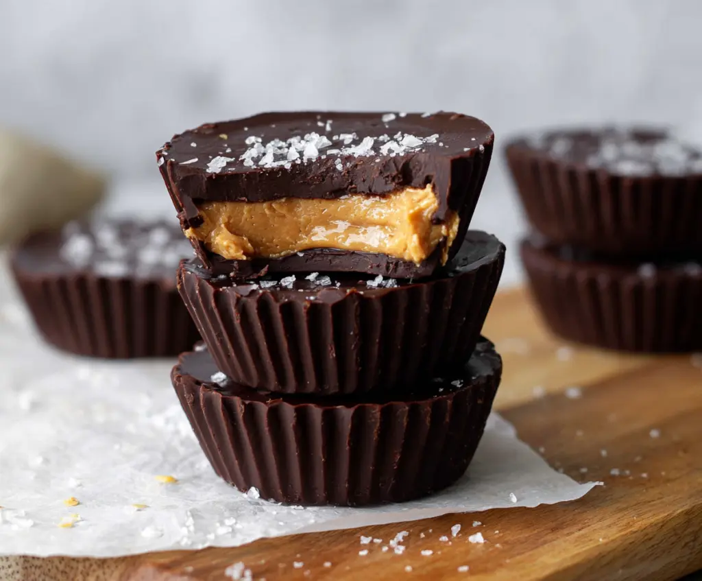 Delicious dark chocolate peanut butter cups with a rich, creamy filling perfect for dessert lovers.
