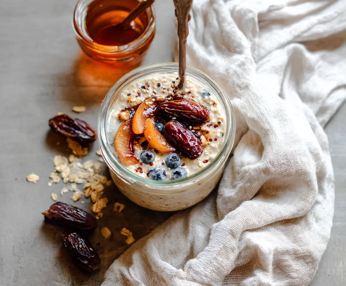 Creamy date and tahini overnight oats topped with fresh fruits and nuts, perfect for a healthy breakfast.
