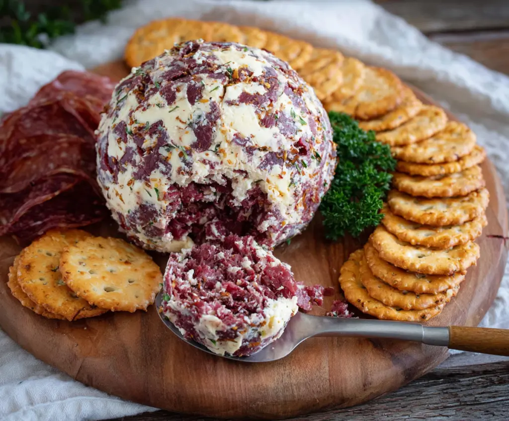 Delicious dried beef cheese ball appetizer with creamy cheese and savory beef pieces