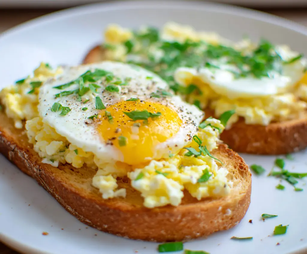 Delicious egg toast topped with melted cheese and herbs, ready to enjoy for breakfast