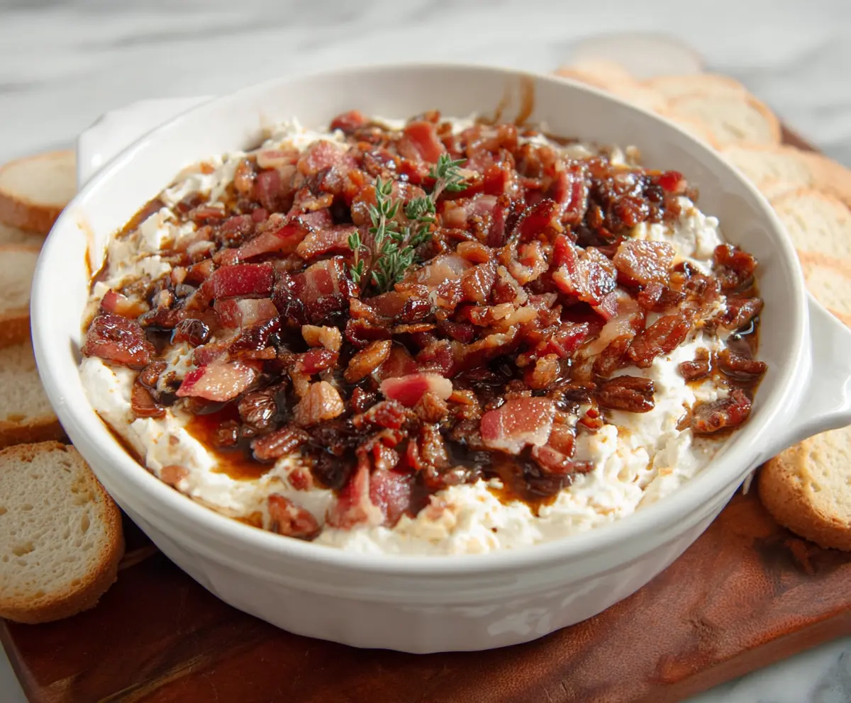 Delicious Fig and Bacon Boursin Cheese Dip served with fresh bread and crackers.