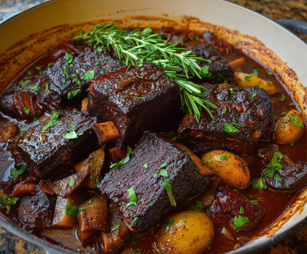 Delicious French-style braised short ribs served with herbs and vegetables.