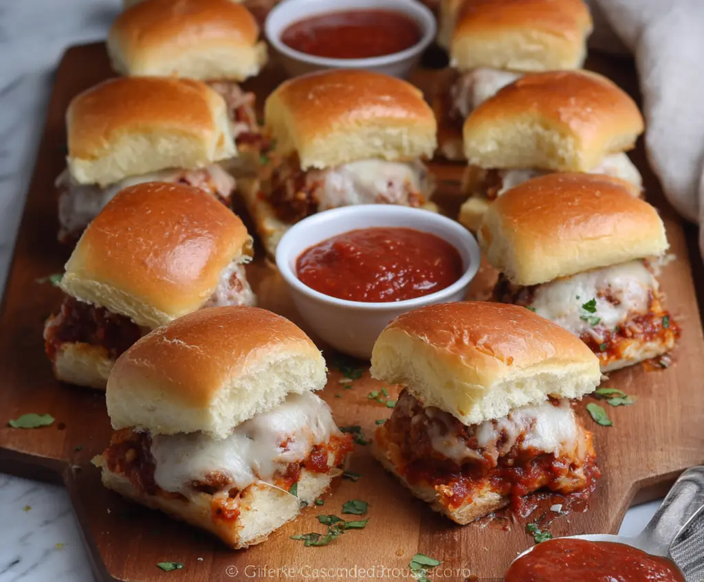 Delicious Game Day Meatball Sliders served on a festive platter with melted cheese and fresh herbs.