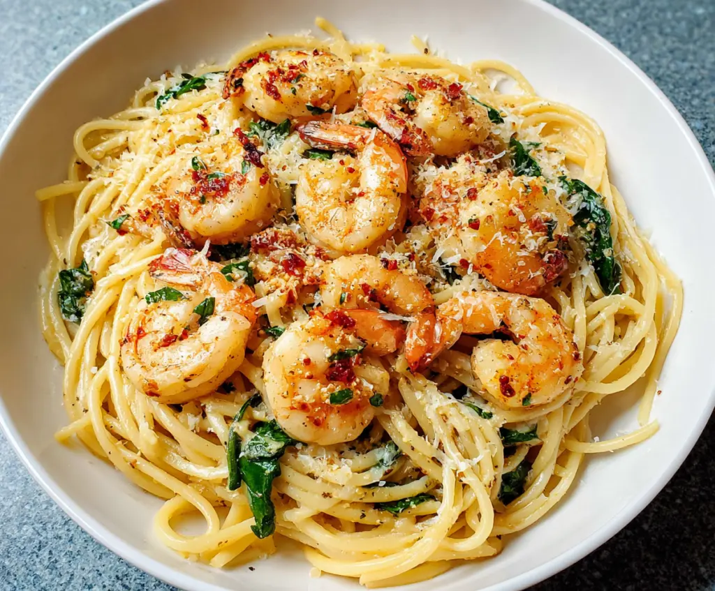 Delicious garlic butter shrimp pasta served on a plate garnished with fresh herbs.