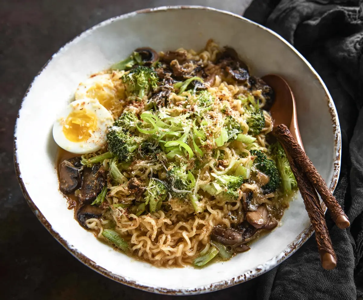 A bowl of steaming garlic Parmesan ramen topped with fresh herbs and grated cheese.