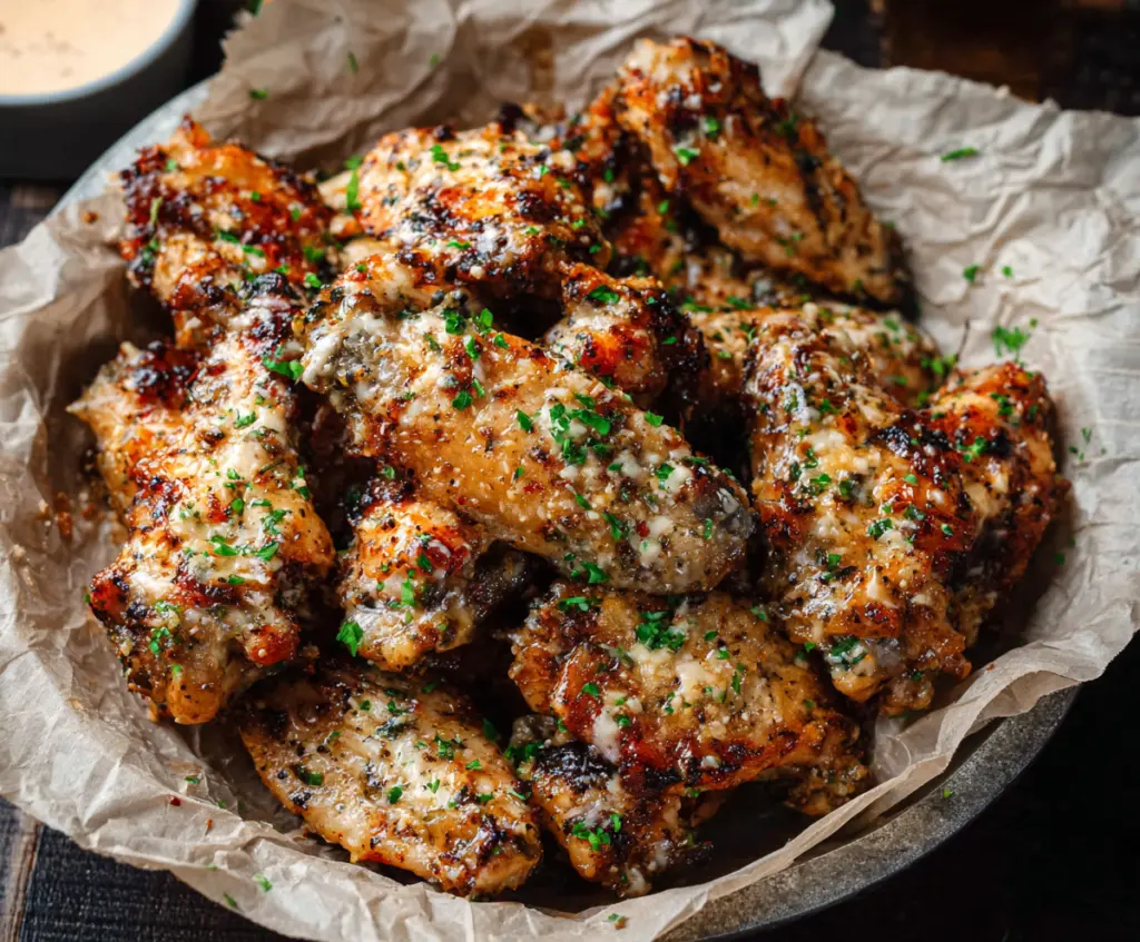 Delicious Garlic Parmesan Wings with crispy skin and melted cheese on a plate