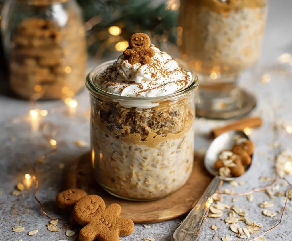 Creamy Gingerbread Overnight Oats topped with gingerbread spices and festive decorations for a healthy breakfast.