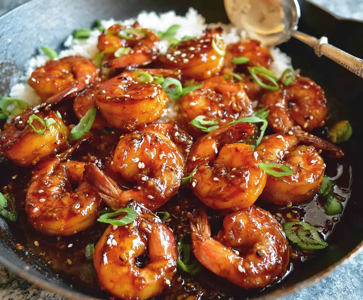 Delicious glazed honey garlic shrimp served on a plate, garnished with fresh herbs.