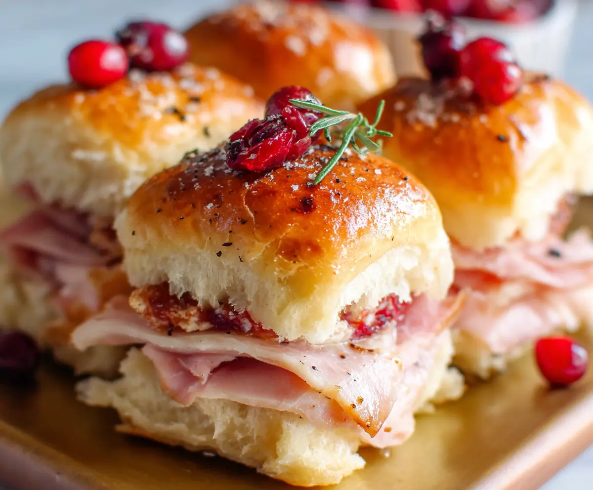 Delicious ham and cranberry sliders on a platter, perfect for a festive appetizer