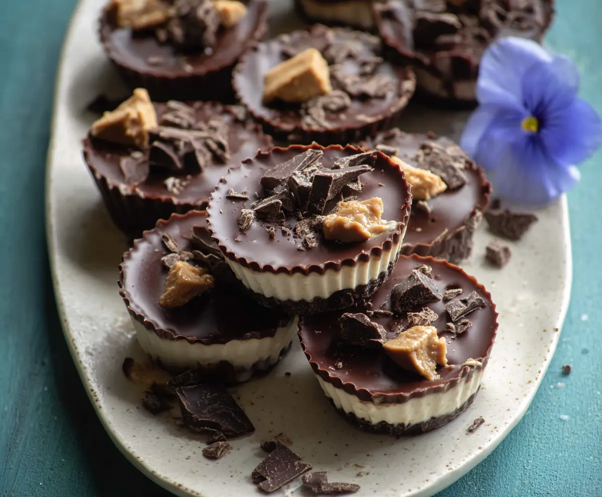 Healthy frozen peanut butter Greek yogurt cups topped with chocolate, perfect for a nutritious snack.