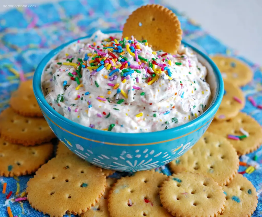 Colorful homemade Funfetti dip with sprinkles in a bowl, perfect for parties and celebrations.
