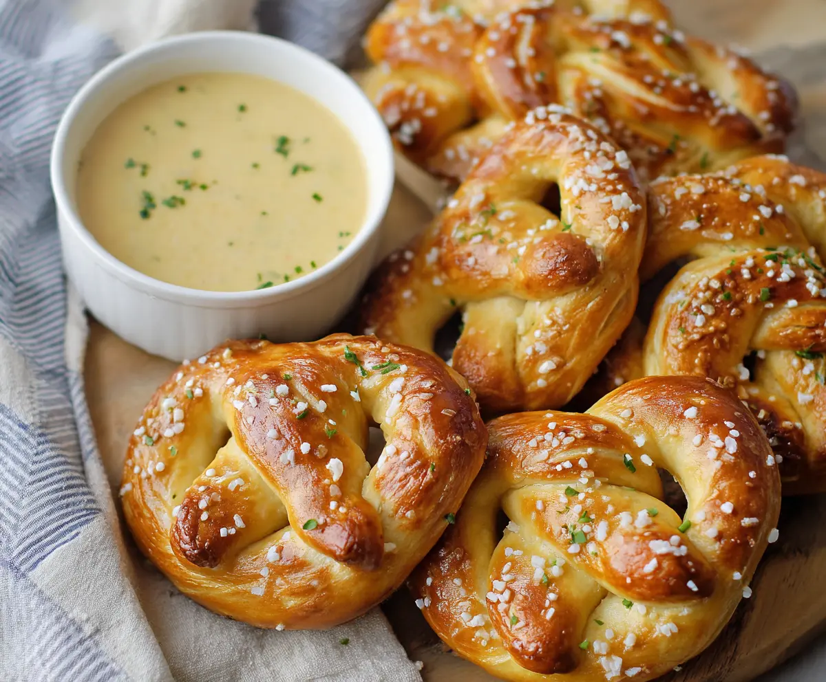 Golden homemade pretzels served with creamy queso dip on a rustic wooden table.