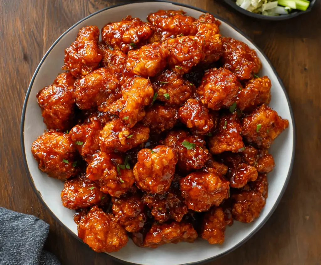 Crispy Honey BBQ Popcorn Chicken served with a side of fresh vegetables