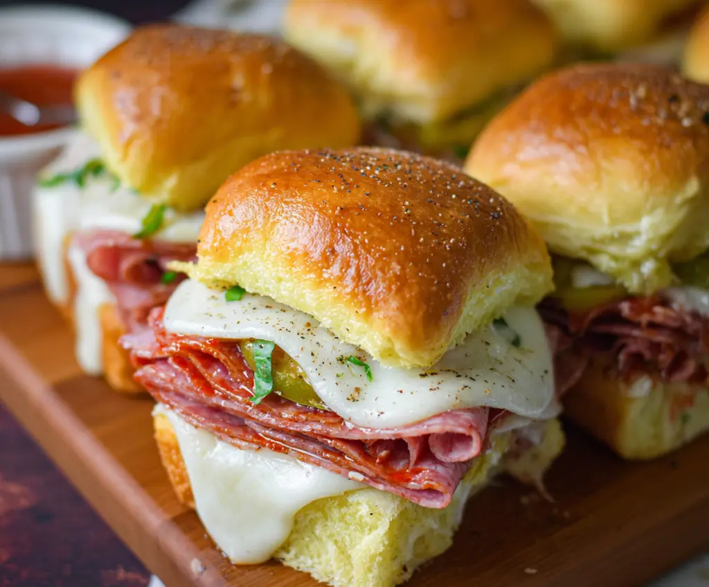 Delicious Hot Italian Sub Sliders with melted cheese, salami, pepperoni, and fresh vegetables on a platter.