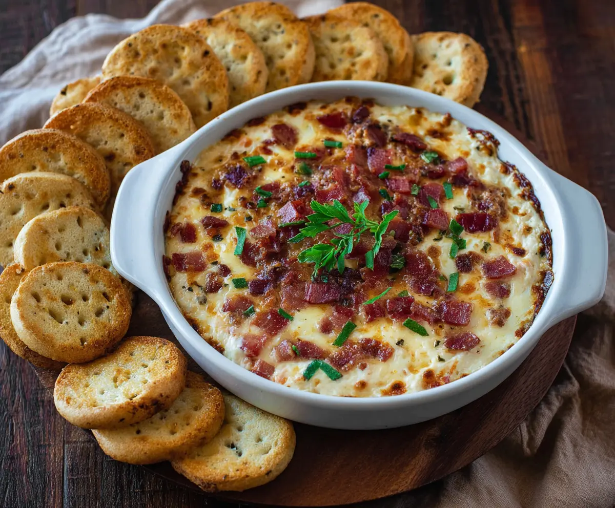 Creamy hot smoked Gouda bacon dip served with crispy bacon bits on top.