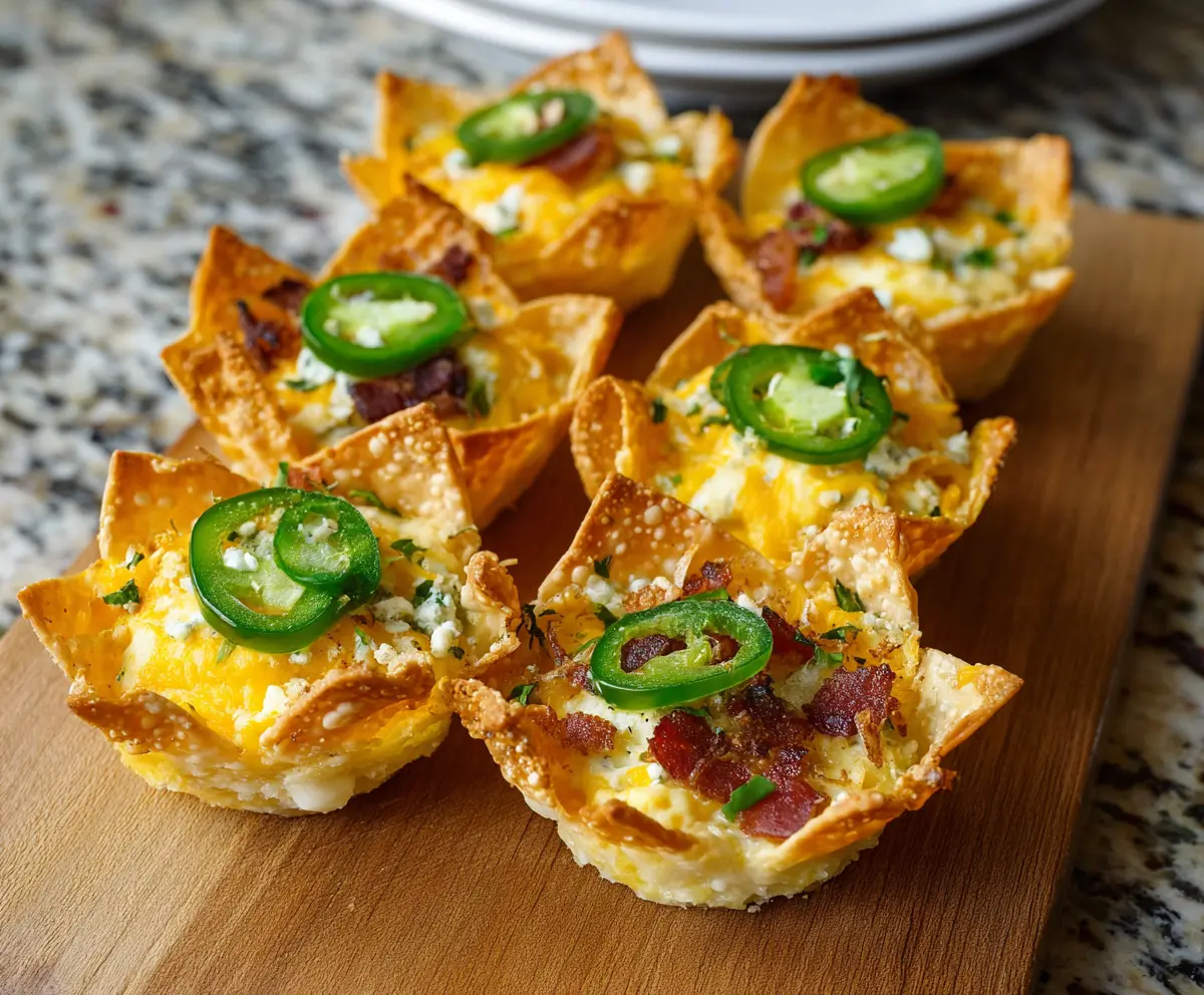 Delicious Jalapeño Popper Wonton Cups filled with cheese and spicy jalapeños, perfect for appetizers.