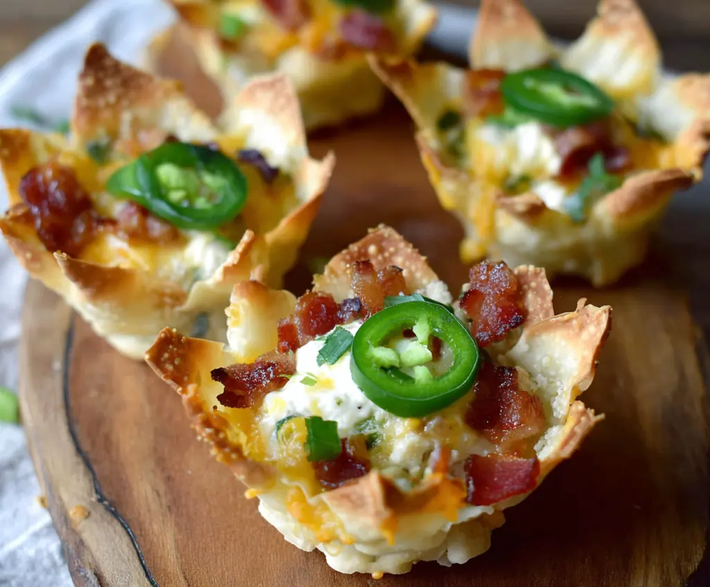 Delicious Jalapeno Popper Wonton Cups garnished with fresh herbs, perfect for appetizers.
