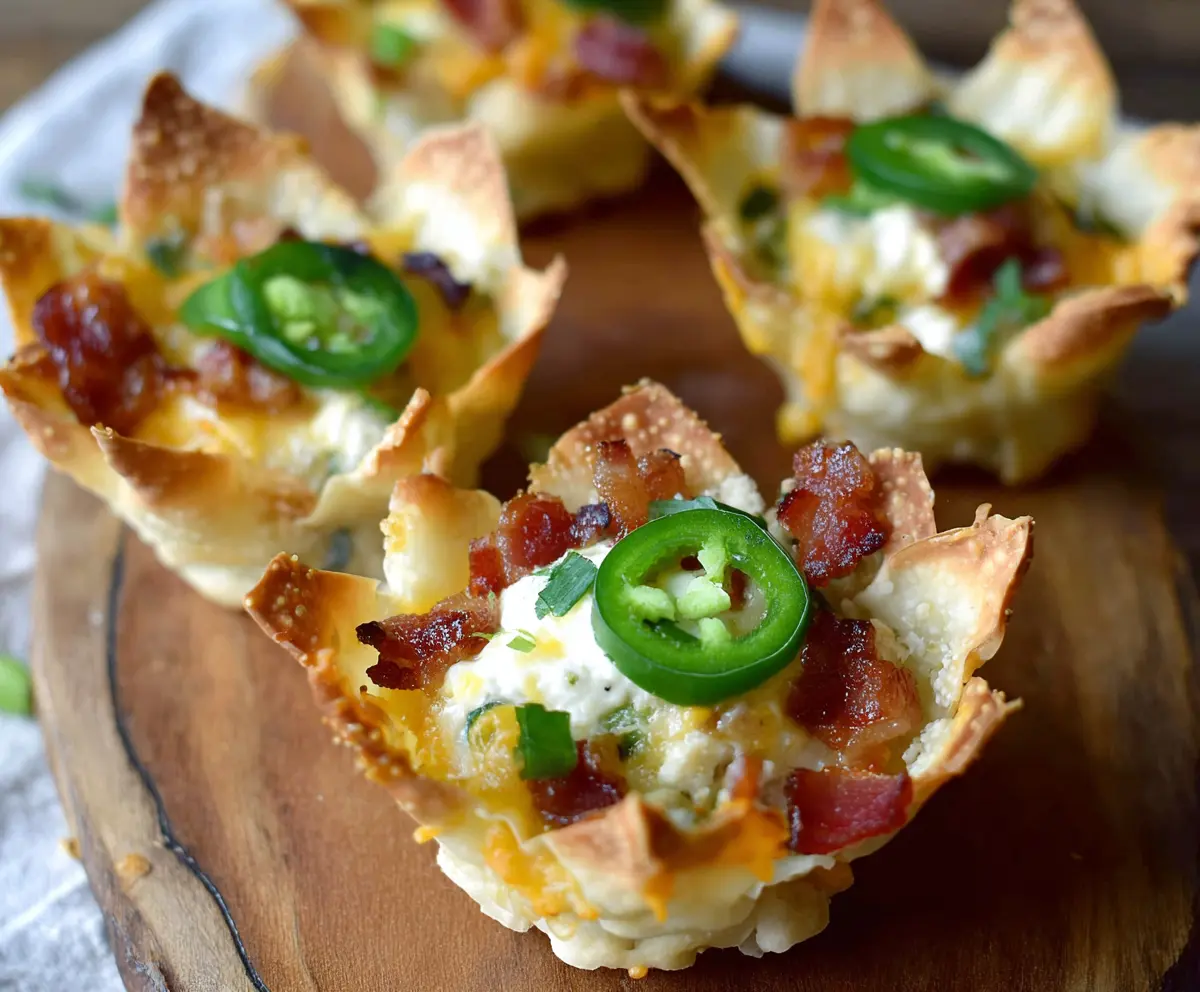Delicious Jalapeno Popper Wonton Cups garnished with fresh herbs, perfect for appetizers.