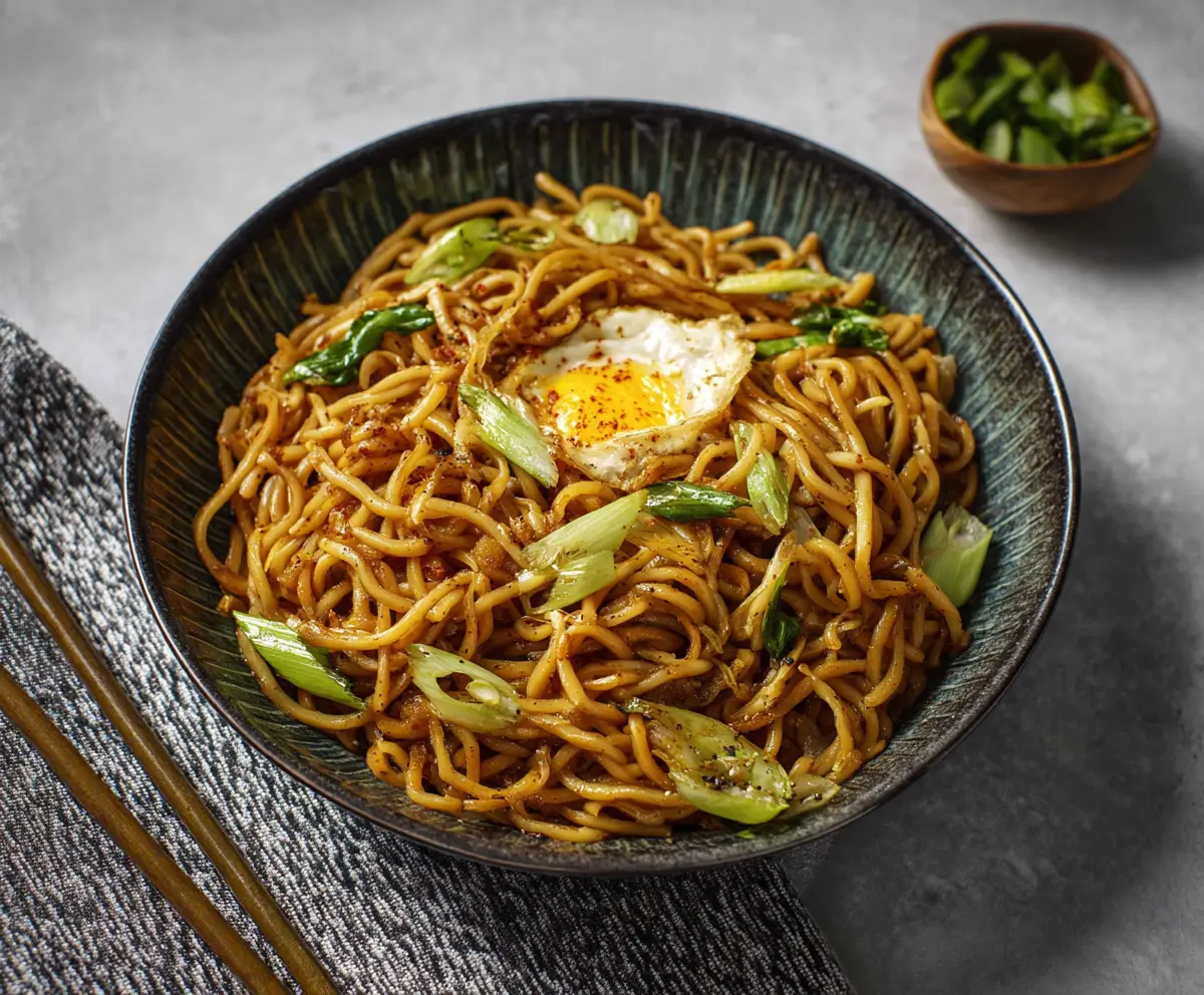 Delicious Japanese garlic fried noodles served on a plate with fresh herbs