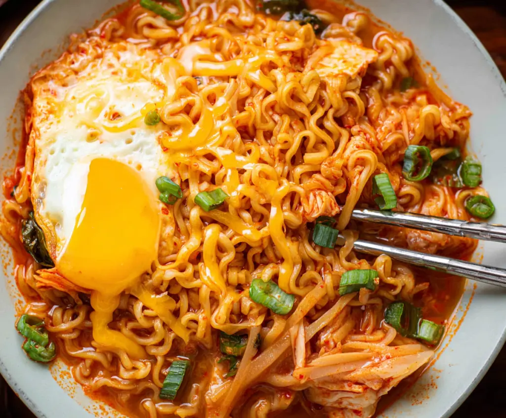 A steaming bowl of Kimchi Cheese Ramen with vibrant green onions and melted cheese topping.