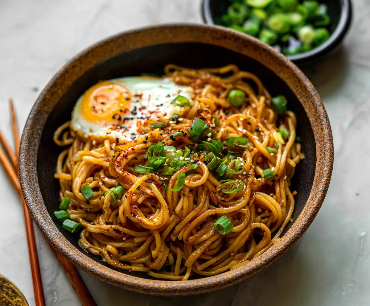 Delicious Korean Garlic Noodles garnished with fresh herbs on a white plate