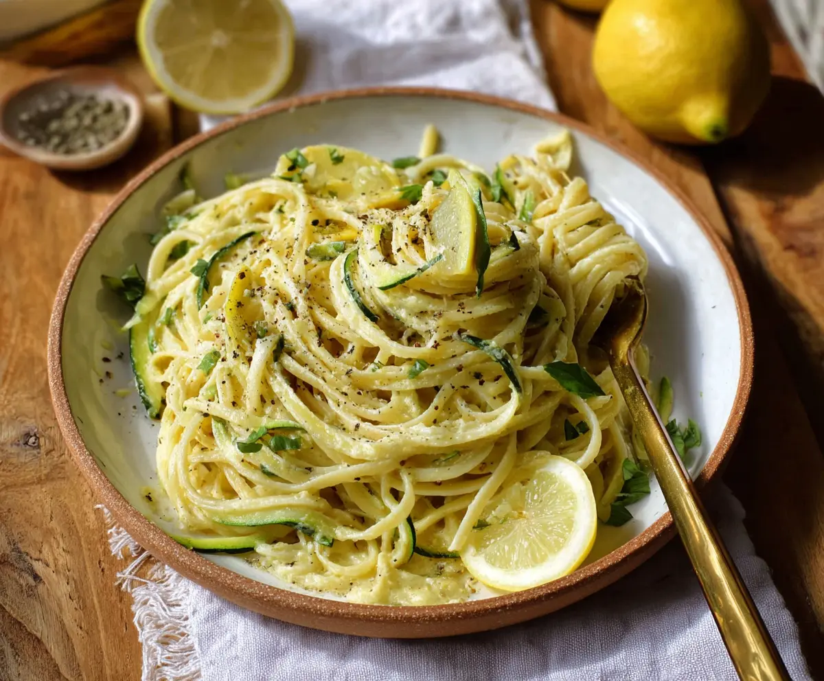 Fresh lemon zucchini pasta dish with pasta, zucchini, and lemon slices on a white plate.