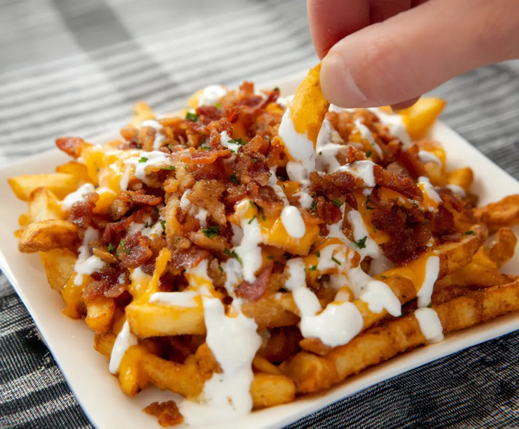 Crispy loaded bacon ranch French fries topped with melted cheese, bacon bits, and fresh green onions.