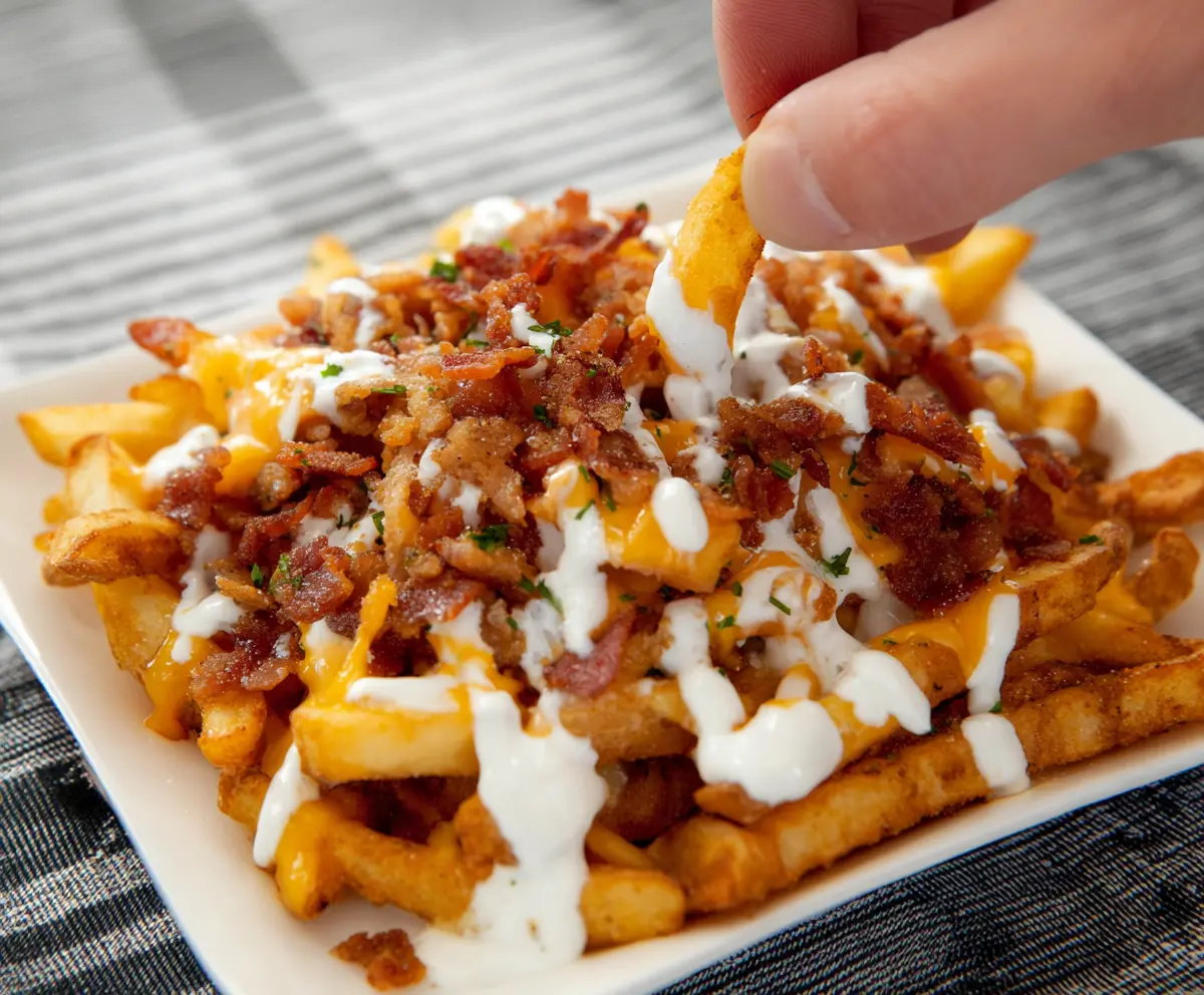 Crispy loaded bacon ranch French fries topped with melted cheese, bacon bits, and fresh green onions.
