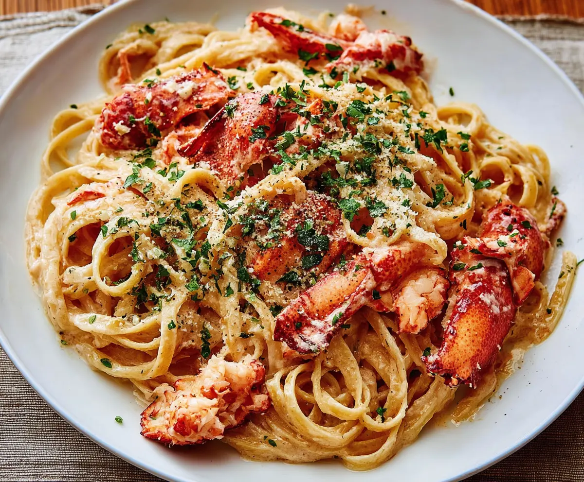 Delicious lobster pasta dish with fresh seafood and al dente noodles on a elegant plate