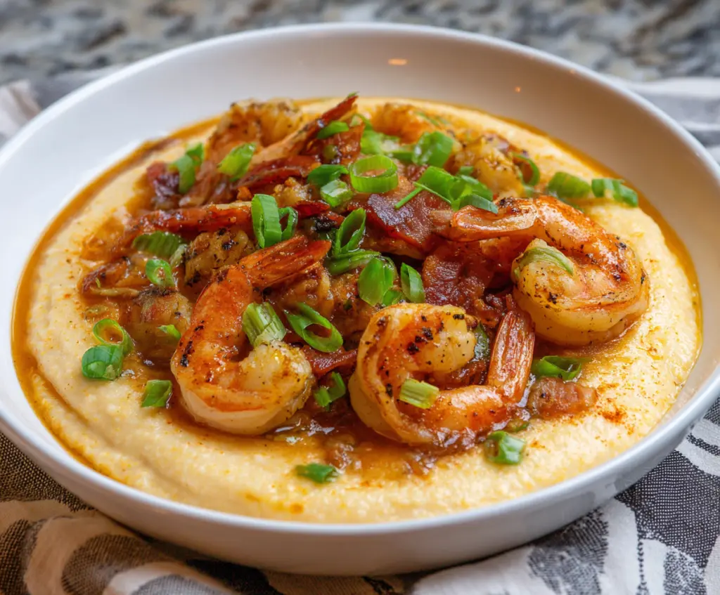 Delicious Louisiana Shrimp and Grits served with vibrant spices and fresh shrimp on a plate.