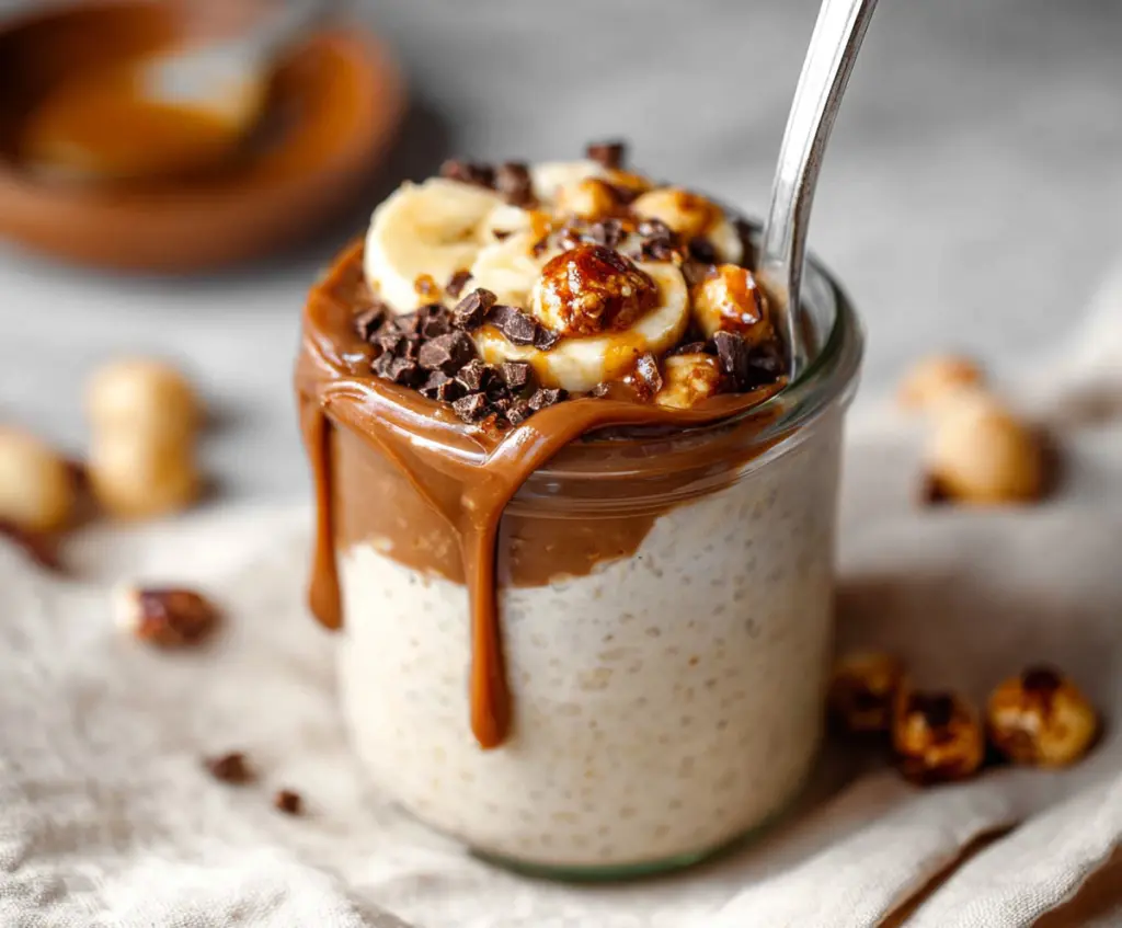 Creamy Maple Praline Overnight Oats topped with crunchy nuts and syrup for a delicious breakfast