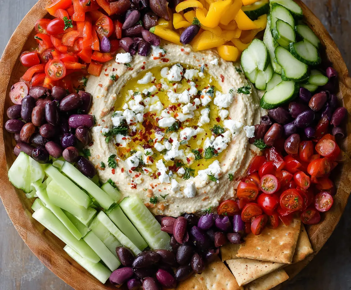 Mediterranean hummus dip platter with fresh vegetables, olives, and pita bread for a healthy appetizer