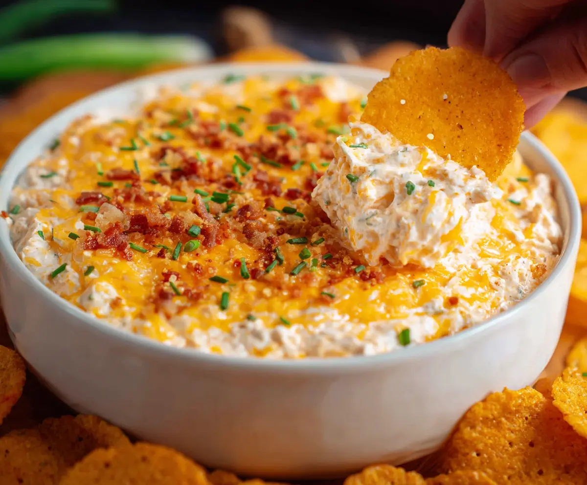Creamy Million Dollar Crack Dip with cheese, bacon, and green onions served in a bowl.