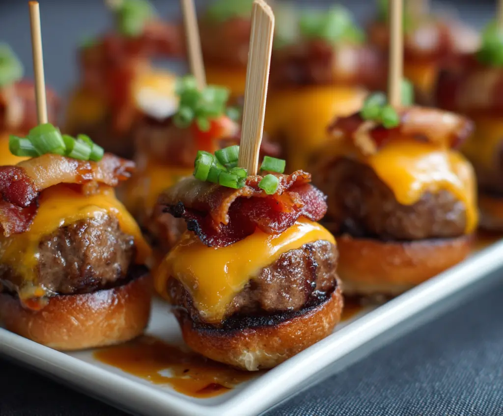 Mini bacon cheeseburger bites on a platter, perfect for appetizers and parties.