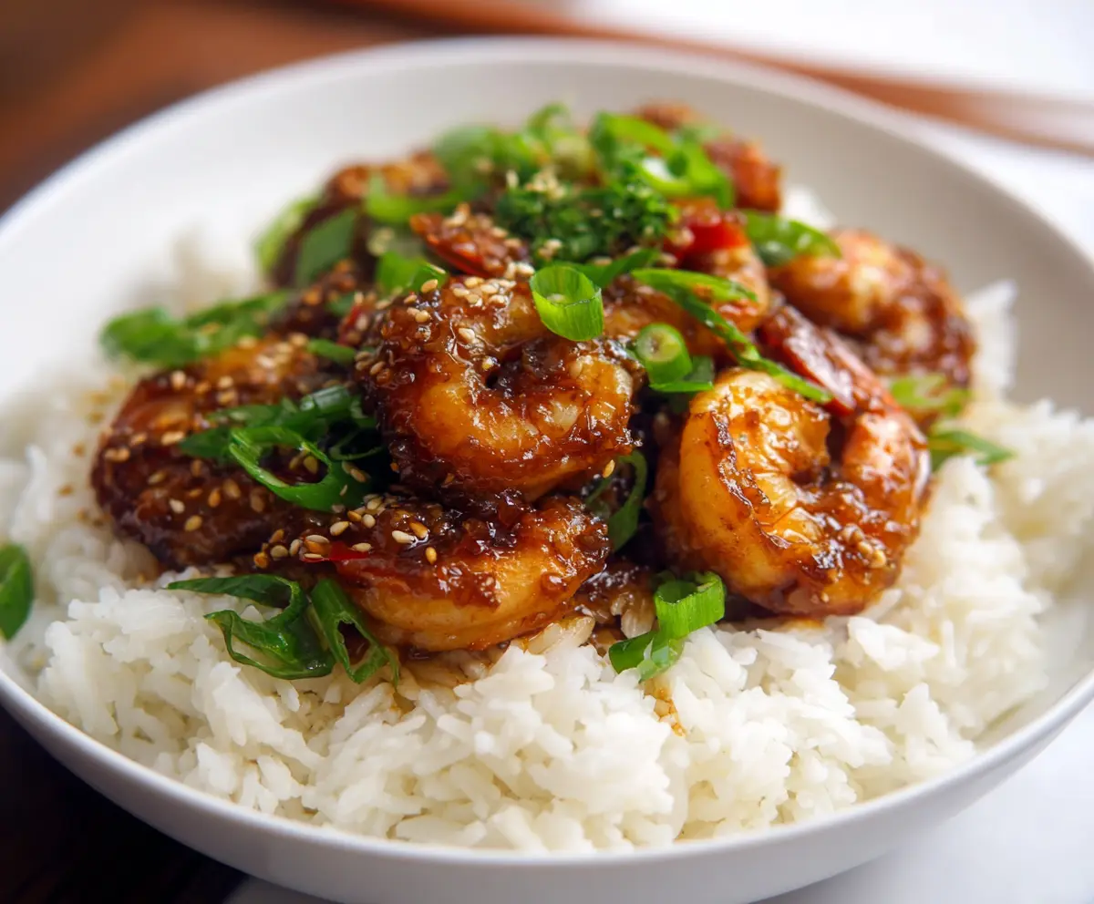 Delicious Mongolian Shrimp served with vibrant vegetables and flavorful sauce.