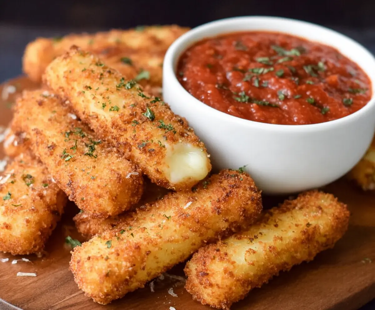 Crispy mozzarella sticks served with a side of marinara sauce on a plate.
