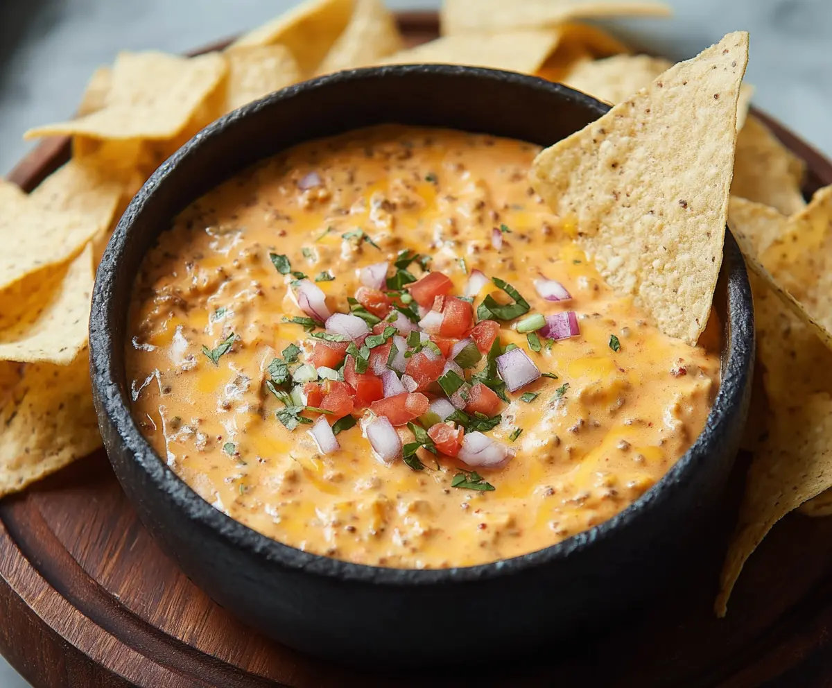 Creamy nacho dip topped with melted cheese, jalapenos, and chopped green onions.