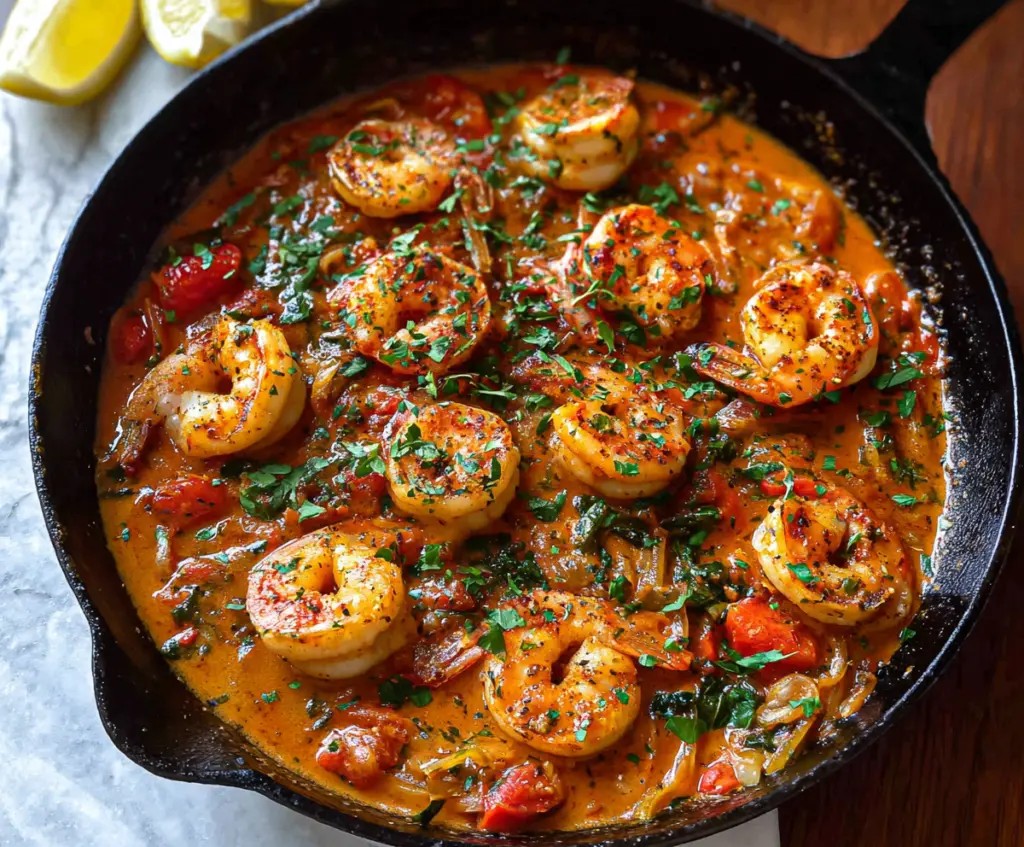 Savory paprika shrimp skillet with vibrant spices served in a skillet dish.