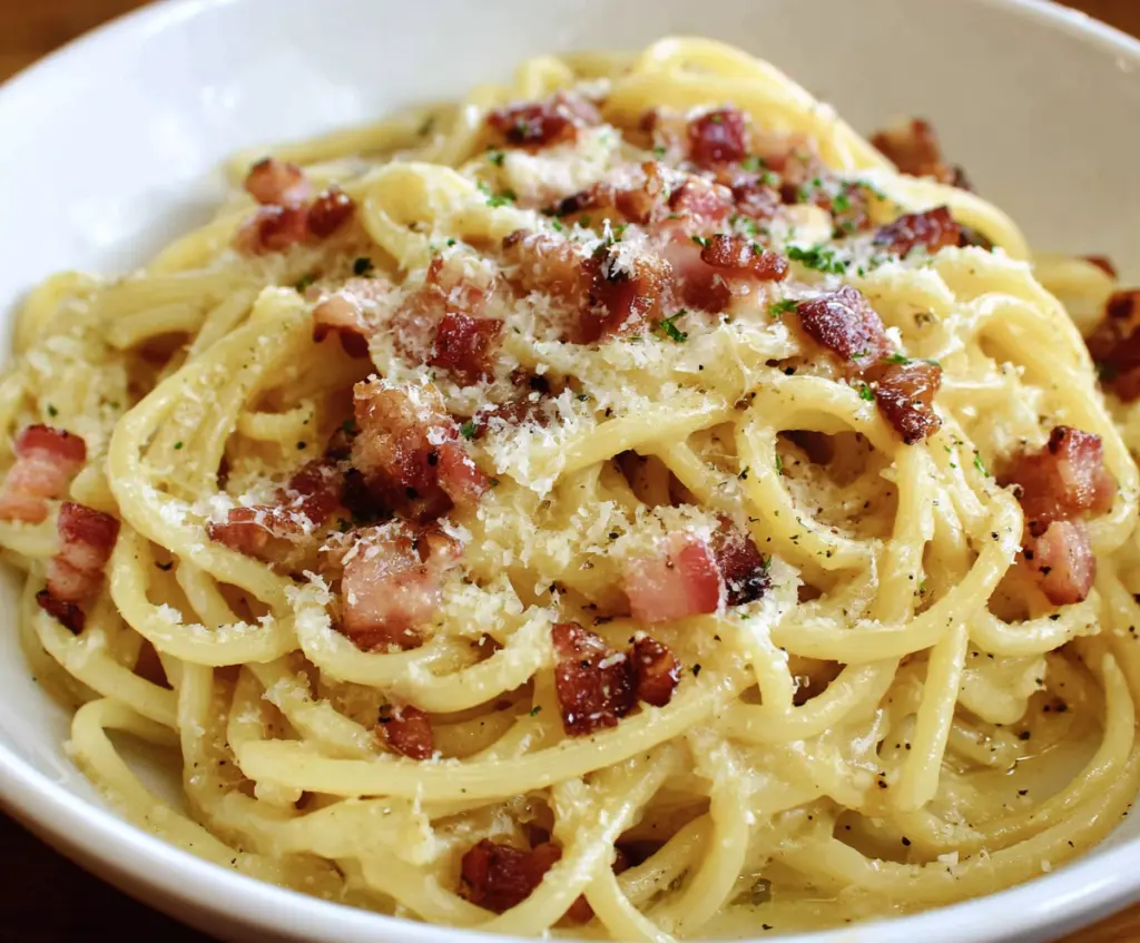 Delicious creamy Pasta Carbonara with crispy pancetta and Parmesan cheese topping.