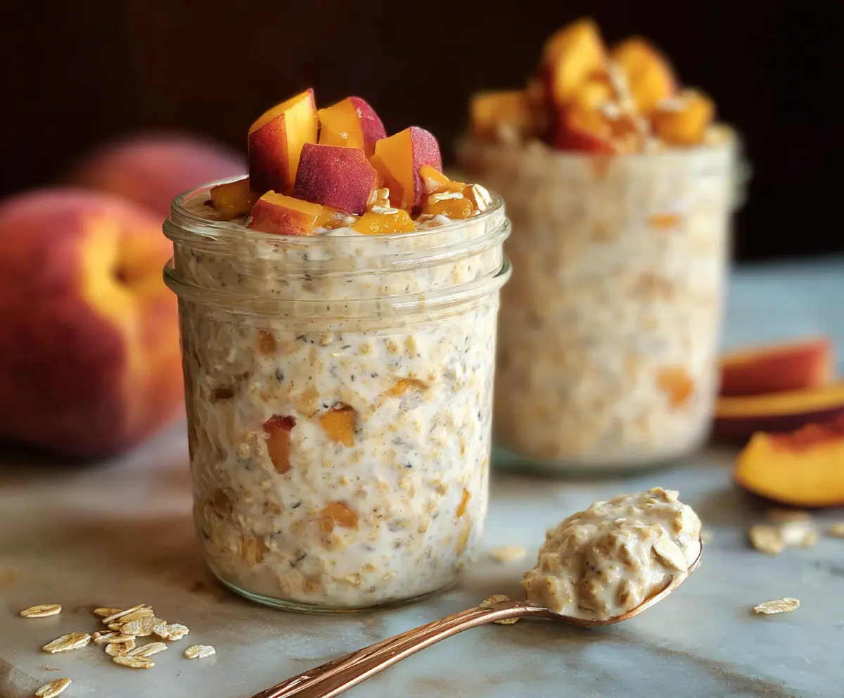 Creamy Peach Cobbler Overnight Oats in a glass jar topped with fresh peach slices and cinnamon.